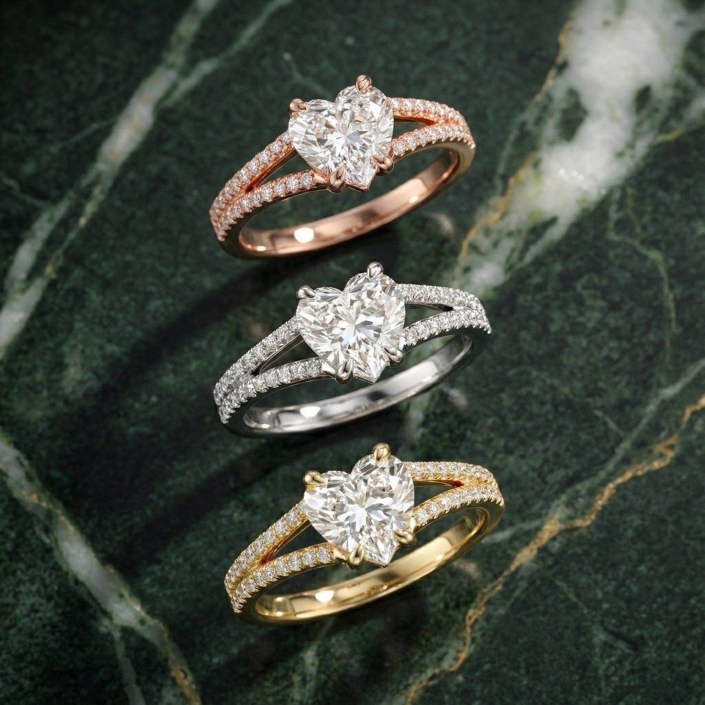 Heart Cut Lab Grown Diamond Solitaire Engagement Ring in rare Platinum with pavé split shank.