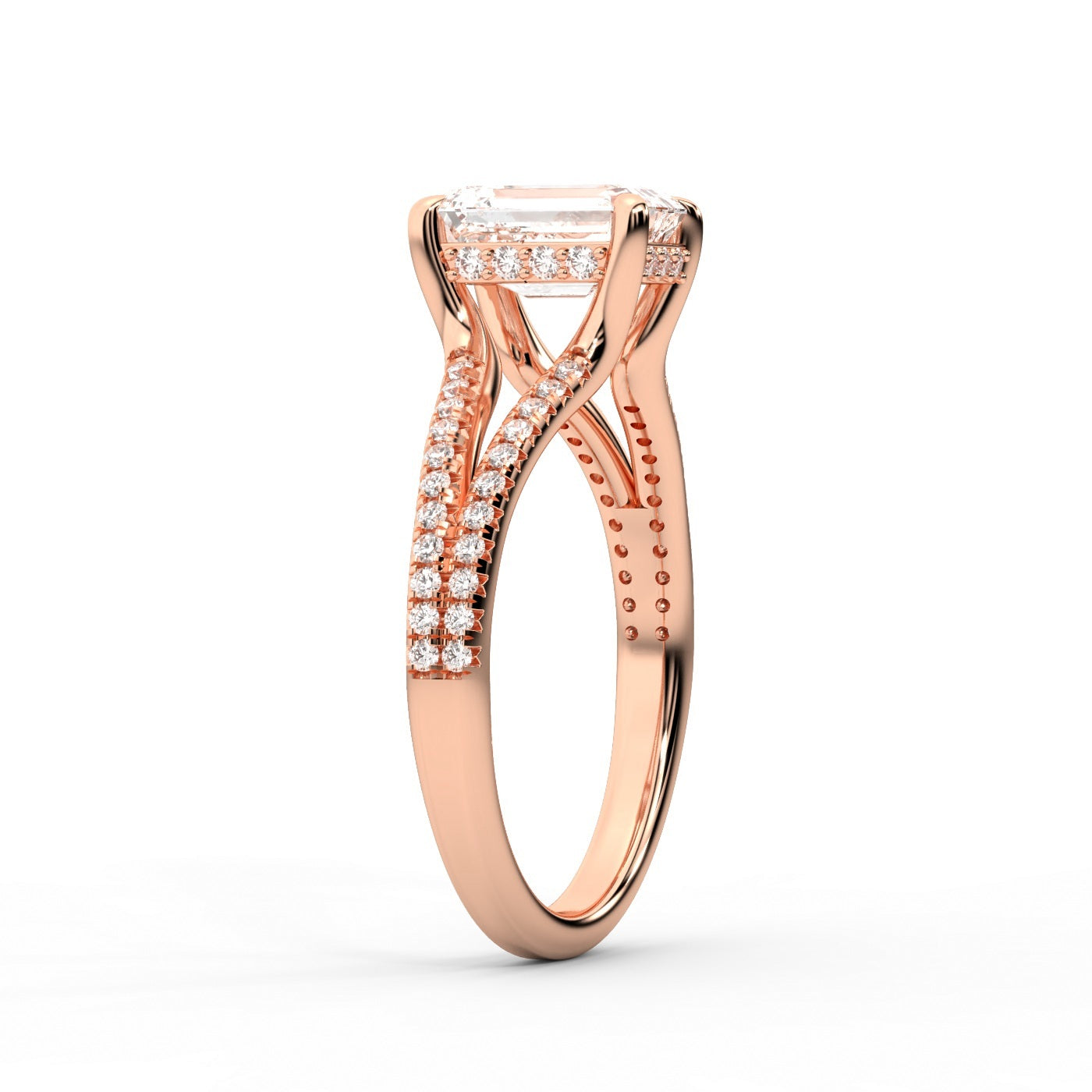 Emerald Cut Lab Grown Diamond Split Shank Engagement Ring in Rose Gold