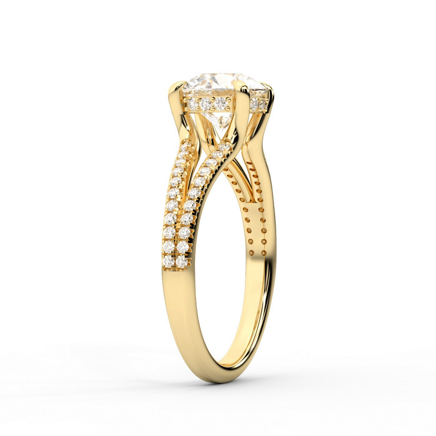 Round Cut Lab Grown Diamond Solitaire Engagement Ring with Pavé Split Shank in Yellow Gold