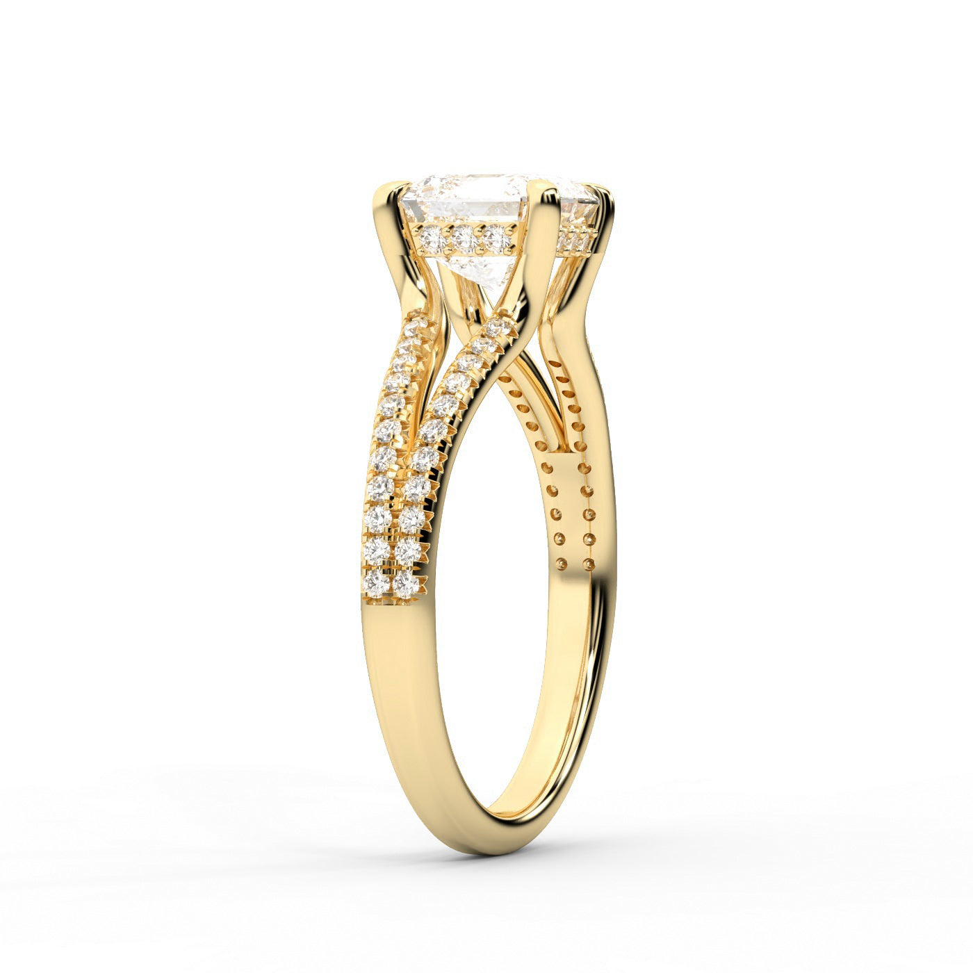 Asscher Cut Lab Grown Diamond Solitaire Engagement Ring with Pavé Split Shank in Yellow Gold