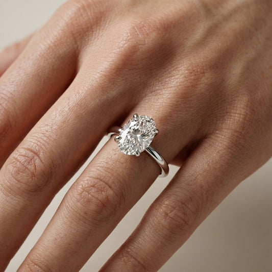 Oval Cut Lab Grown Diamond Solitaire Engagement Ring in Platinum showing hidden collar