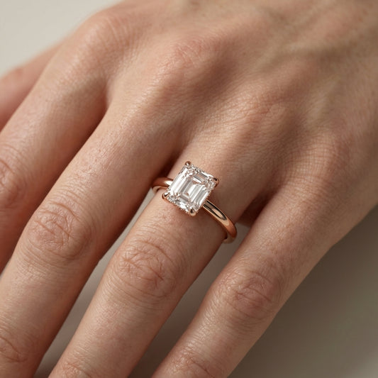 Asscher Cut Lab Grown Diamond Engagement Ring in Rose Gold showing hidden halo detail