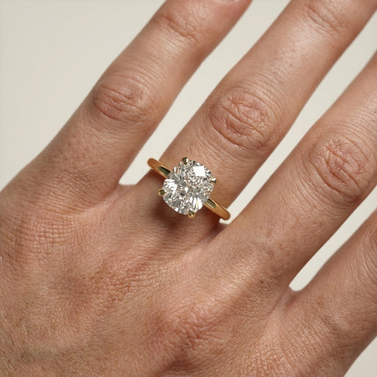Cushion Cut Lab Grown Diamond Engagement Ring in Yellow Gold with hidden details