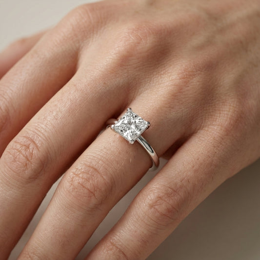 Princess Cut Lab Grown Diamond Engagement Ring in Silver with hidden accents