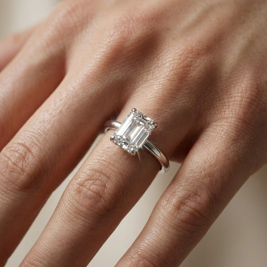 Emerald Cut Lab Grown Diamond Solitaire Engagement Ring in Silver with hidden halo detail