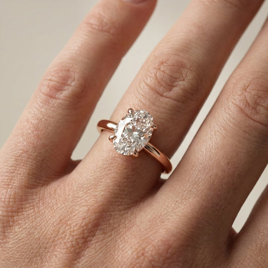Oval Cut Lab Grown Diamond Solitaire Engagement Ring in Rose Gold showing hidden halo detail
