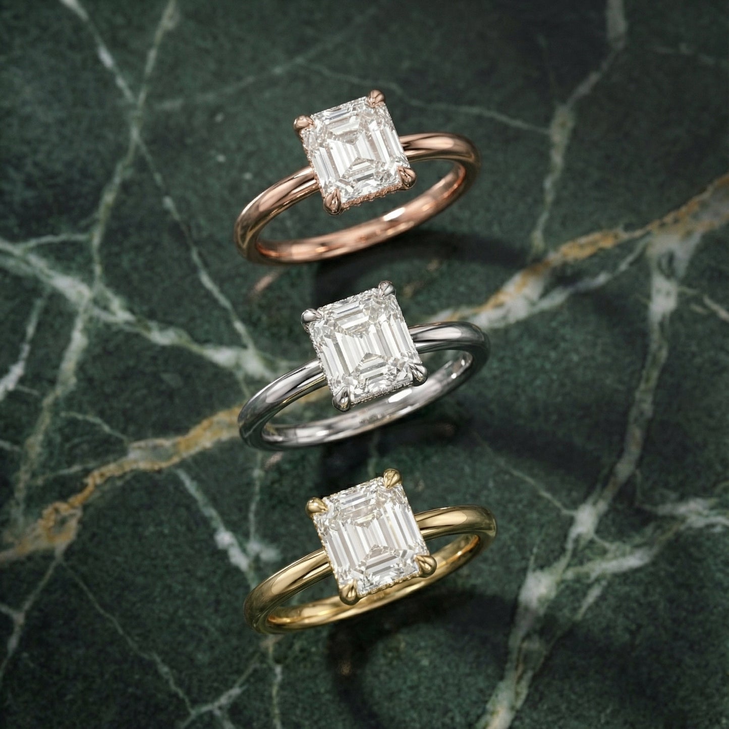 Asscher Cut Lab Grown Diamond Engagement Ring in Rose Gold showing hidden halo detail