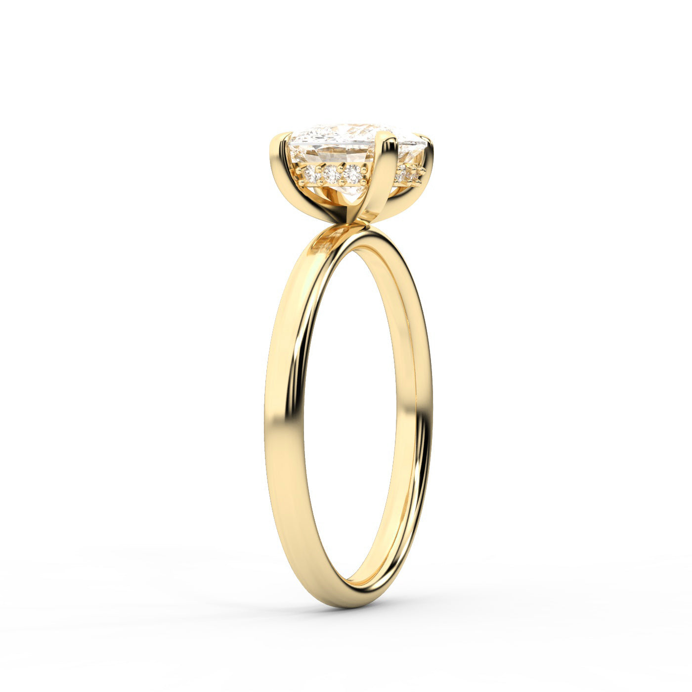 Cushion Cut Lab Grown Diamond Engagement Ring in Yellow Gold with hidden details