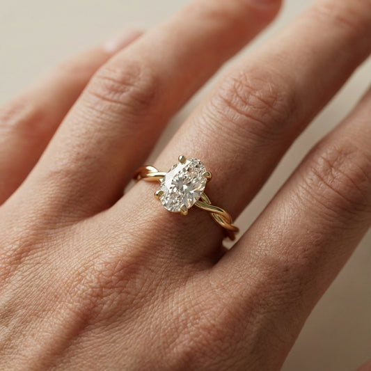 Oval Cut Lab Grown Diamond Engagement Ring in Yellow Gold with twisted shank
