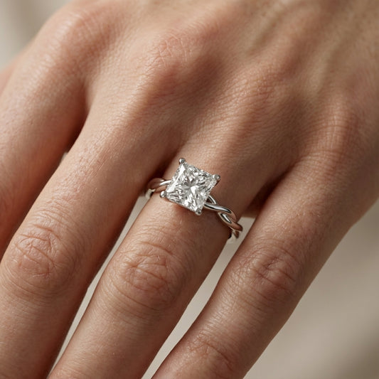 Princess Cut Lab Grown Diamond Engagement Ring with Twisted Shank in Silver