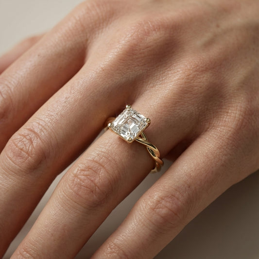Asscher Cut Lab Grown Diamond Solitaire Engagement Ring with Twisted Band in Yellow Gold