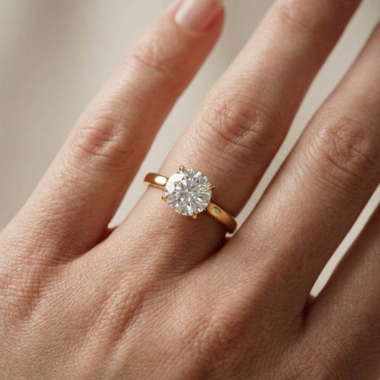 Round cut lab grown diamond solitaire engagement ring in yellow gold with floral basket setting