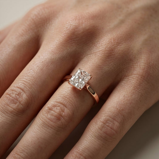 Radiant Cut Lab Grown Diamond Solitaire Engagement Ring in Rose Gold showing side profile