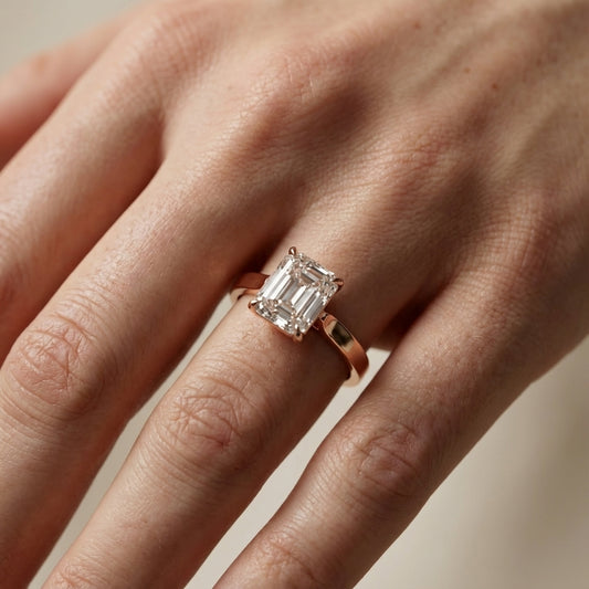 Asscher Cut Lab Grown Diamond Solitaire Engagement Ring in Rose Gold showing floral prong setting.