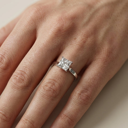 Princess Cut Lab Grown Diamond Solitaire Engagement Ring in White Gold with cathedral setting.