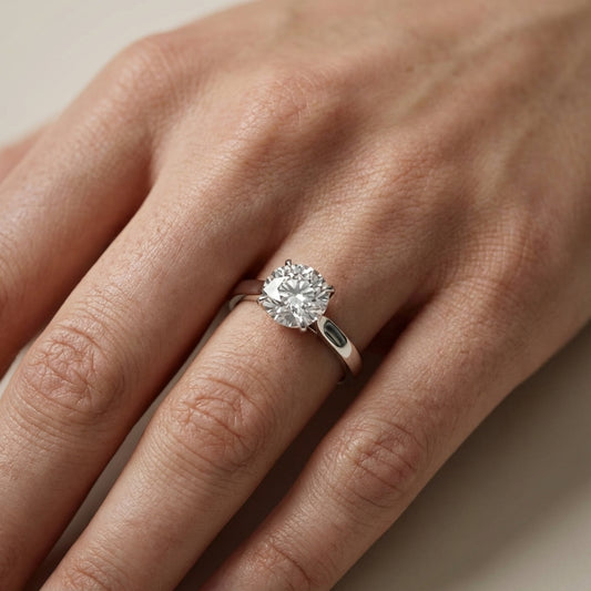 Round cut lab grown diamond solitaire engagement ring in silver with floral basket setting