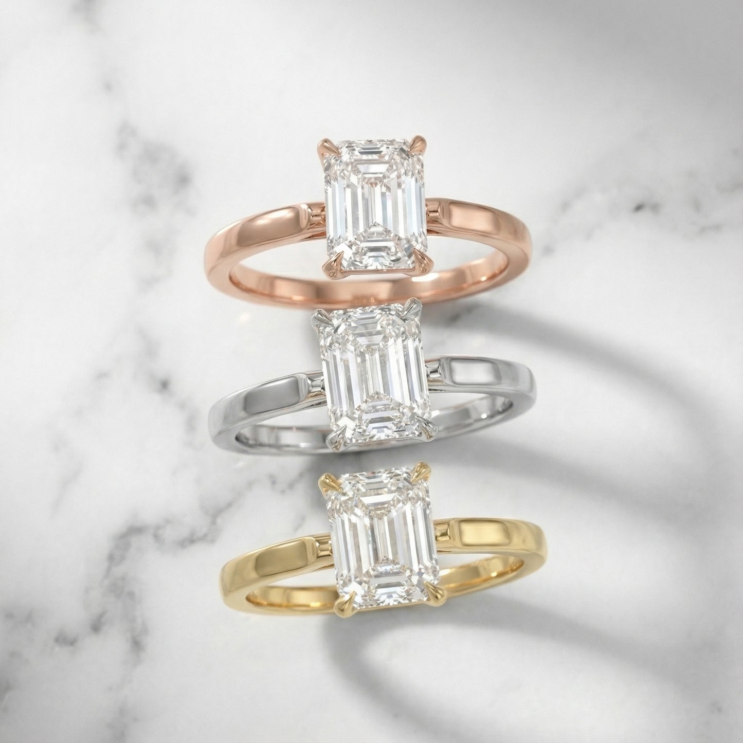 Emerald Cut Lab Grown Diamond Solitaire Engagement Ring in Rose Gold with Floral Basket Setting