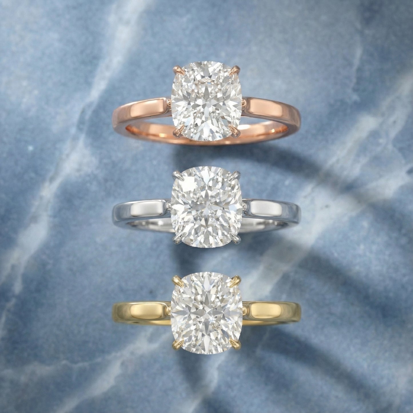 Cushion Cut Lab Grown Diamond Solitaire Engagement Ring with floral basket detail in Platinum