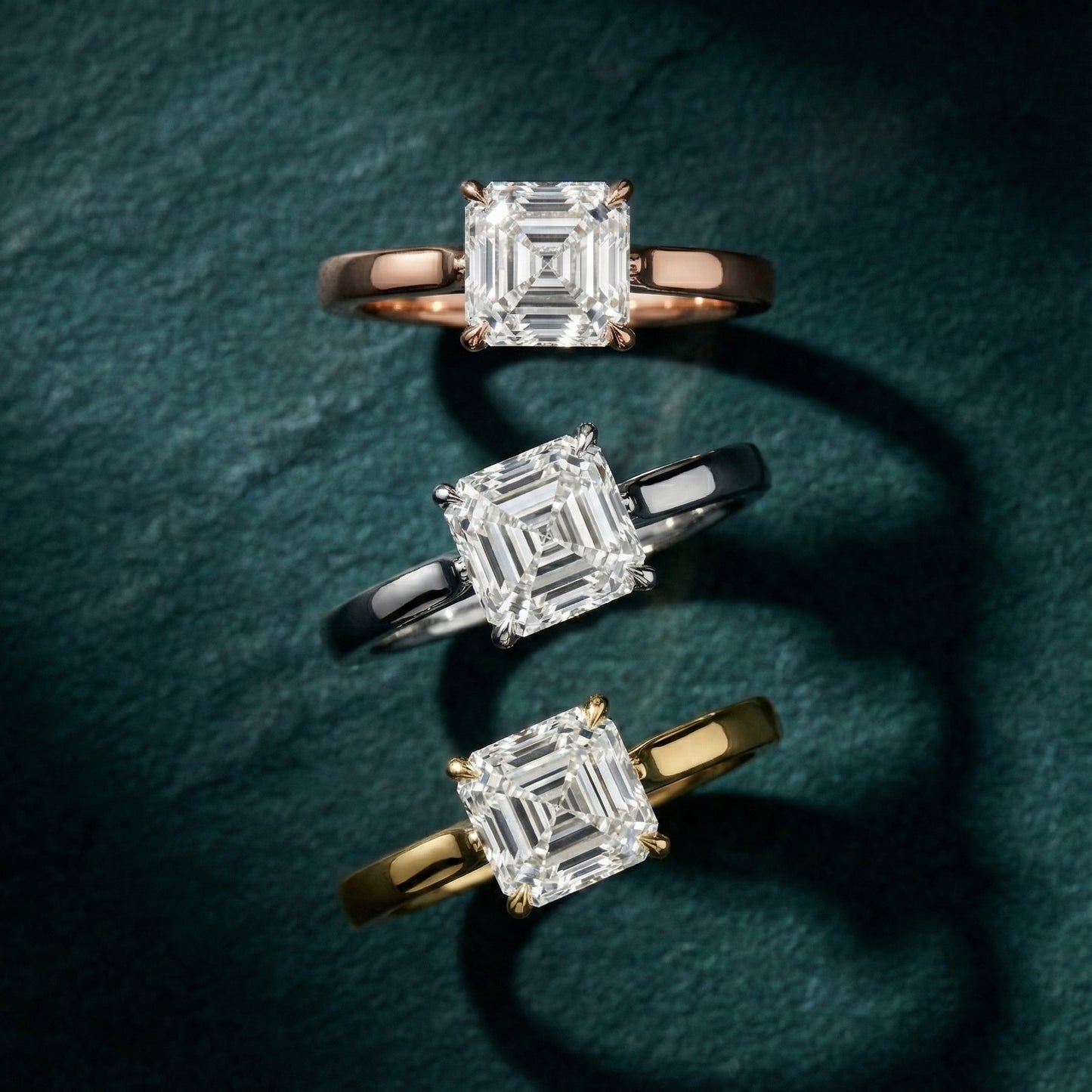 Asscher Cut Lab Grown Diamond Solitaire Engagement Ring in Yellow Gold with cathedral setting.