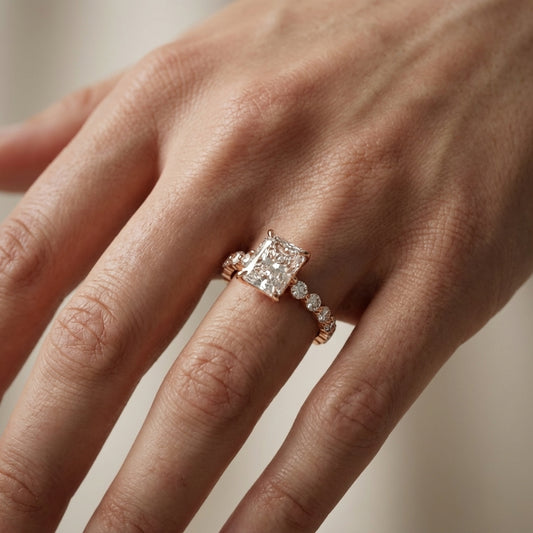 Radiant Cut Lab Grown Diamond Engagement Ring with Side Stones in Rose Gold