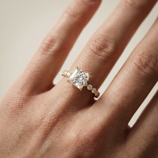 Princess Cut Lab Grown Diamond Engagement Ring in Yellow Gold with floating side stones