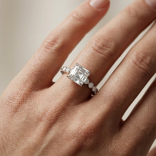 Asscher Cut Lab Grown Diamond Eleanor Majesty Engagement Ring in Platinum