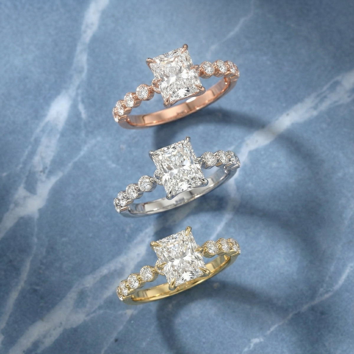 Radiant Cut Lab Grown Diamond Engagement Ring with Side Stones in White Gold