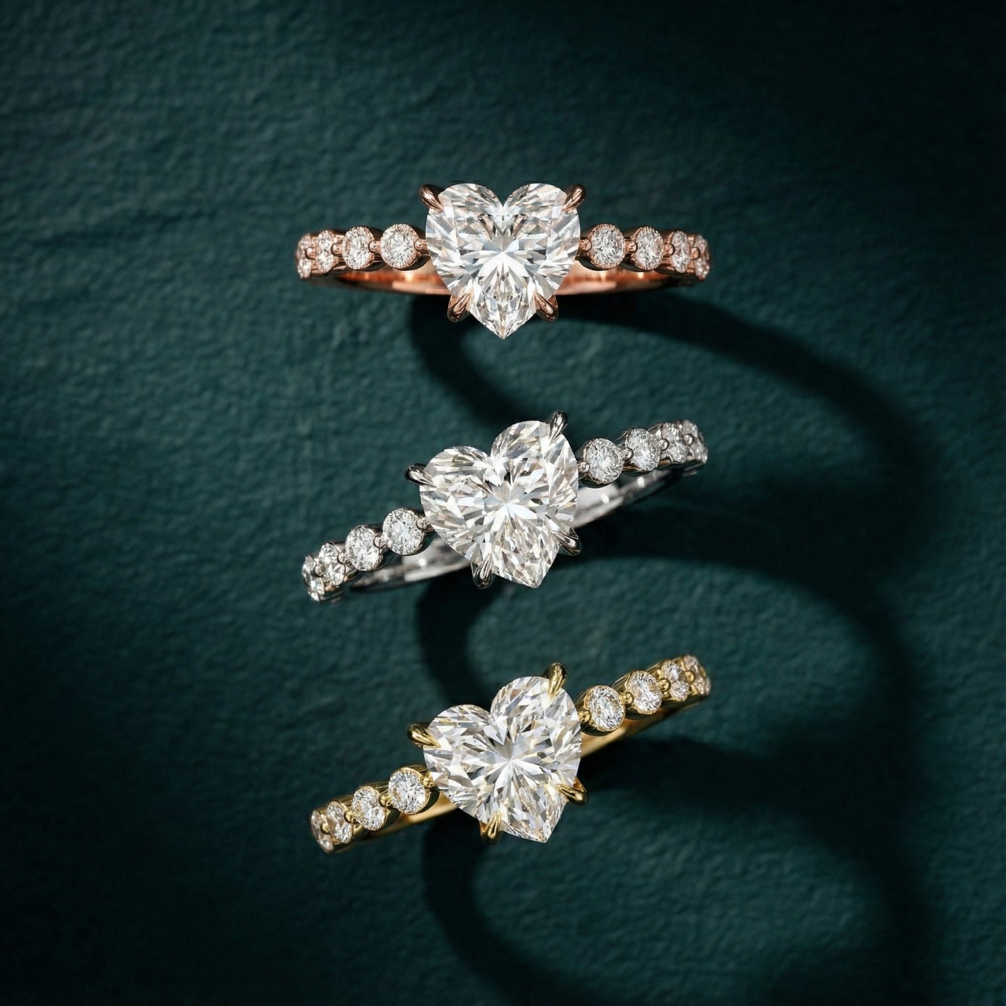 Heart Cut Lab Grown Diamond Side Stone Engagement Ring in Yellow Gold setting