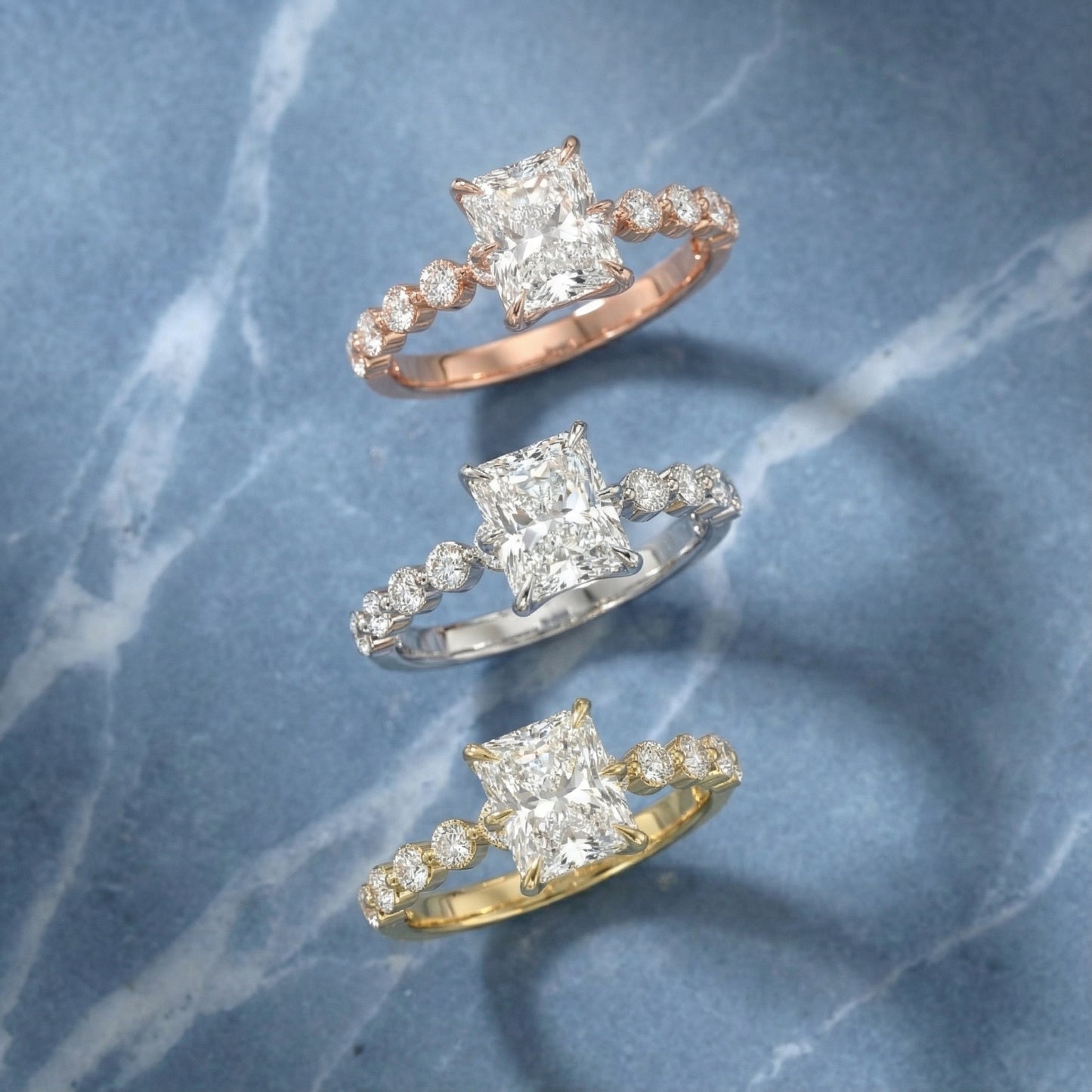 Radiant Cut Lab Grown Diamond Engagement Ring with Side Stones in Yellow Gold