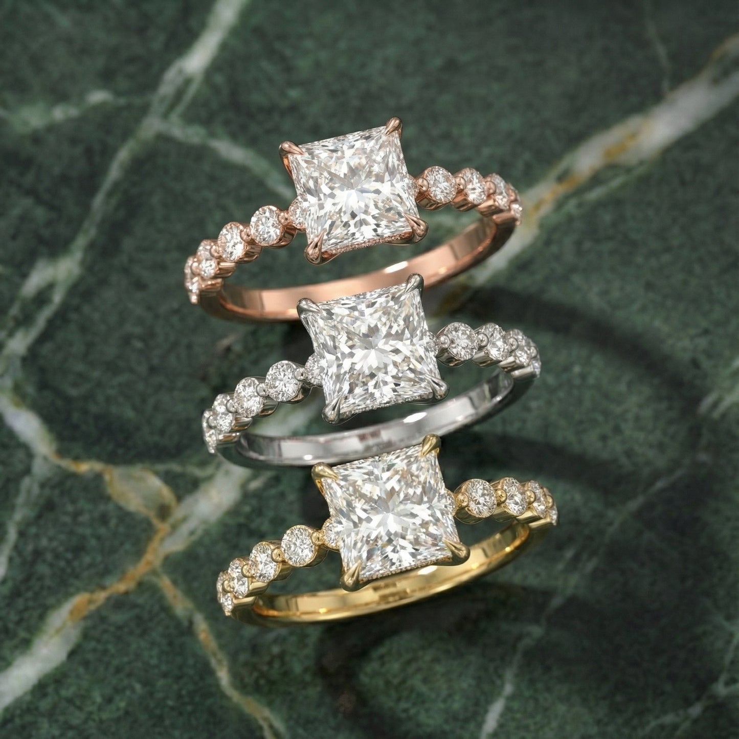 Princess Cut Lab Grown Diamond Engagement Ring in Yellow Gold with floating side stones