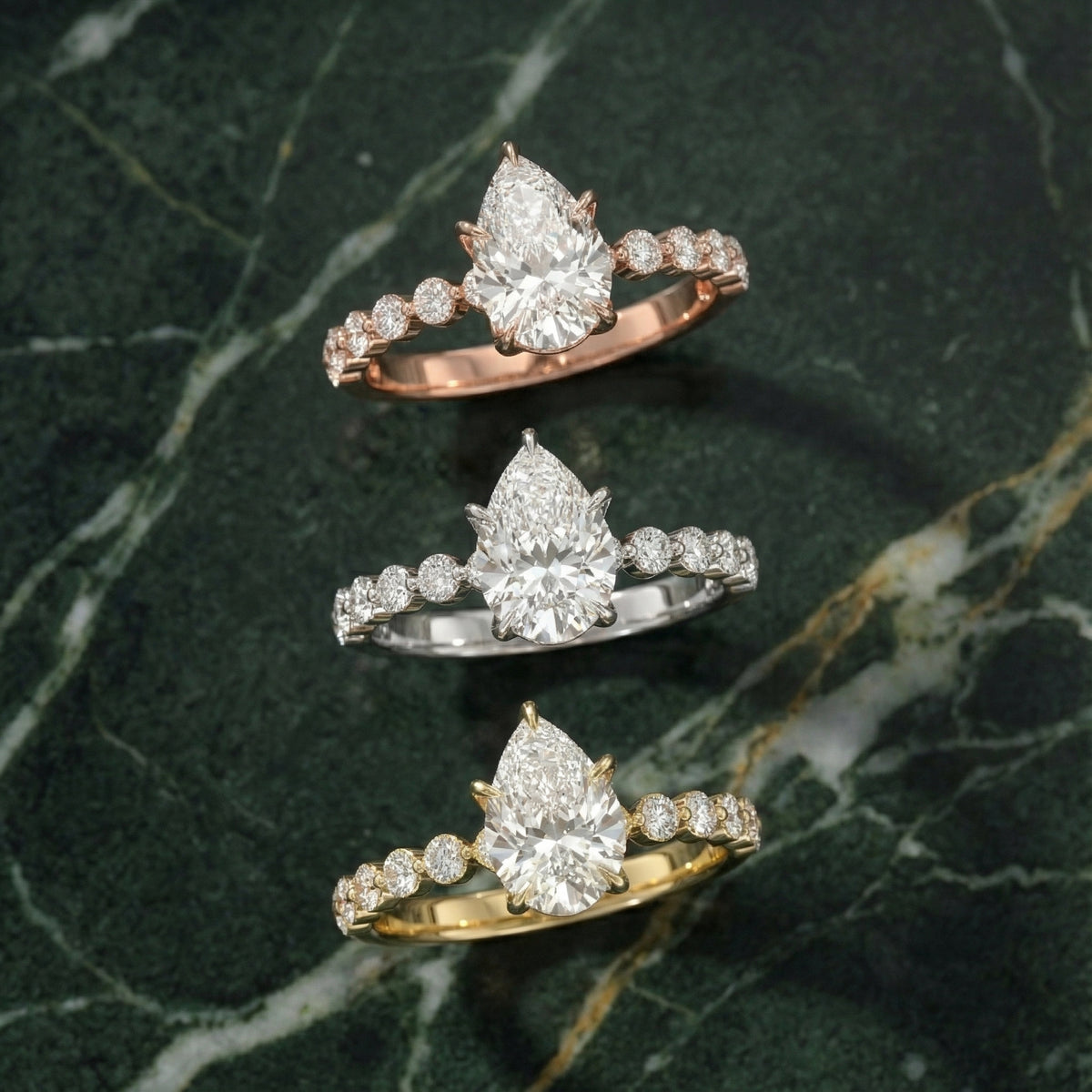Pear Cut Lab Grown Diamond Engagement Ring with floating side stones in Rose Gold