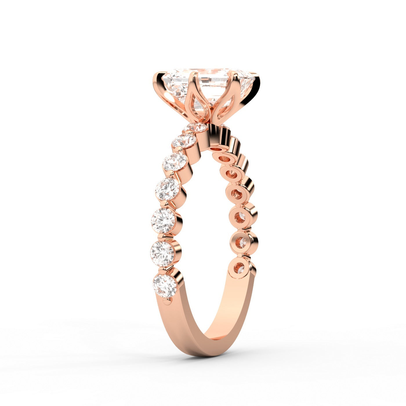 Emerald Cut Lab Grown Diamond Engagement Ring with Side Stones in Rose Gold