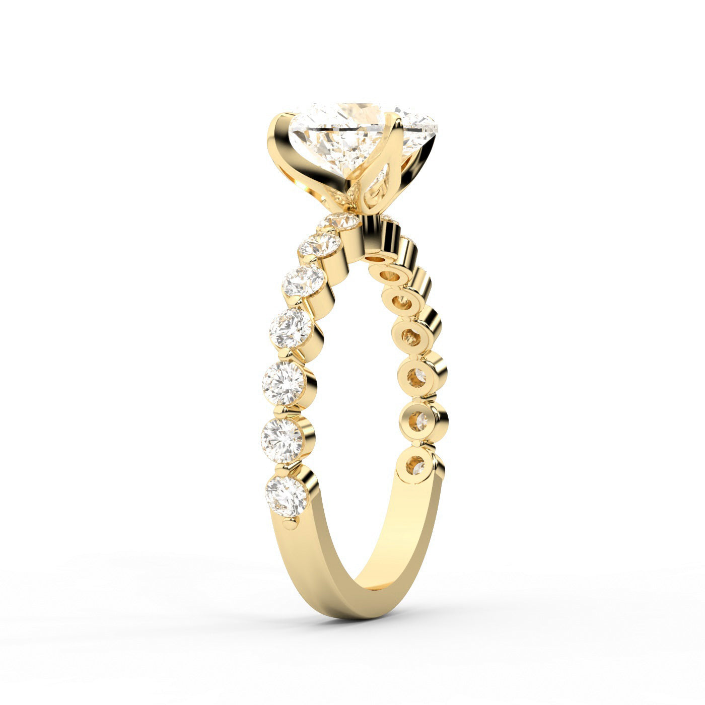 Heart Cut Lab Grown Diamond Side Stone Engagement Ring in Yellow Gold setting