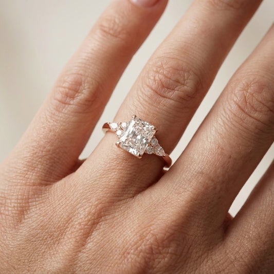 Radiant Cut Lab Grown Diamond Three Stone Engagement Ring in Rose Gold
