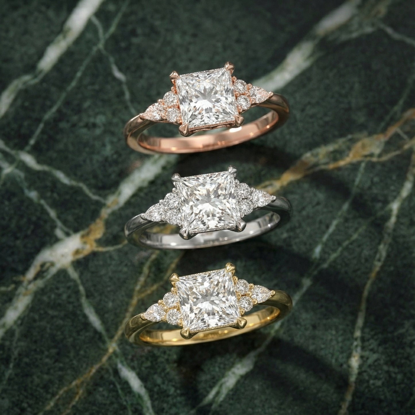 Princess Cut Lab Grown Diamond Engagement Ring in Yellow Gold with side stone accents