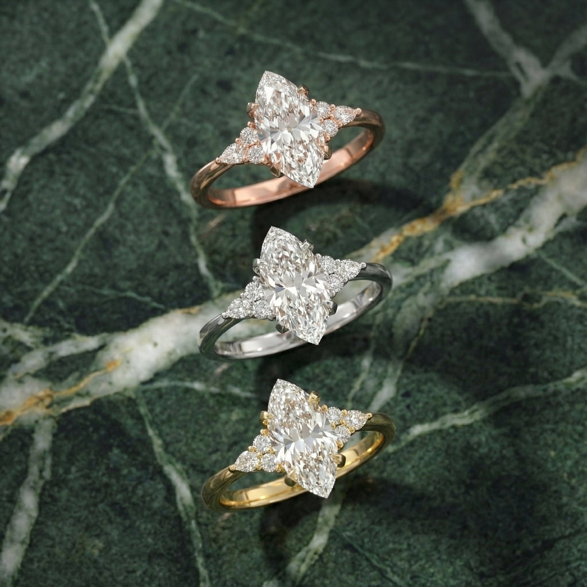 Marquise Cut Lab Grown Diamond Engagement Ring with side stone clusters set in Platinum