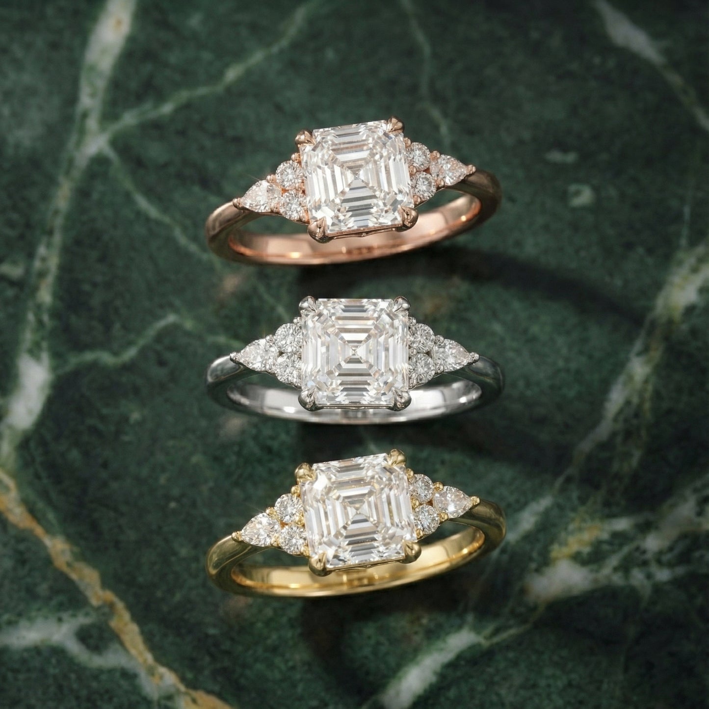 Asscher Cut Lab Grown Diamond Amelia Three Stone Engagement Ring in Yellow Gold