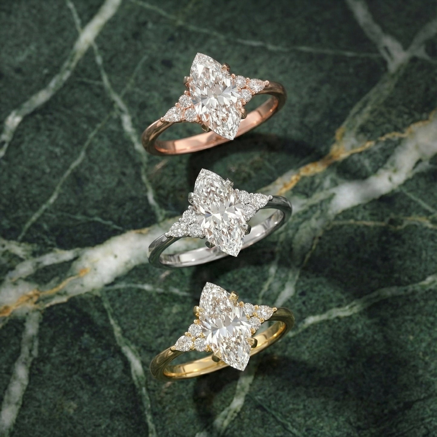 Marquise Cut Lab Grown Diamond Engagement Ring with side stone clusters set in Yellow Gold