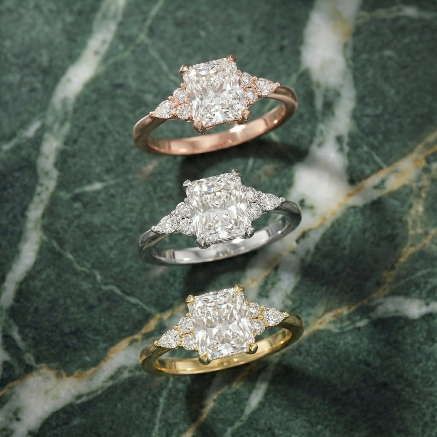 Radiant Cut Lab Grown Diamond Three Stone Engagement Ring in Yellow Gold