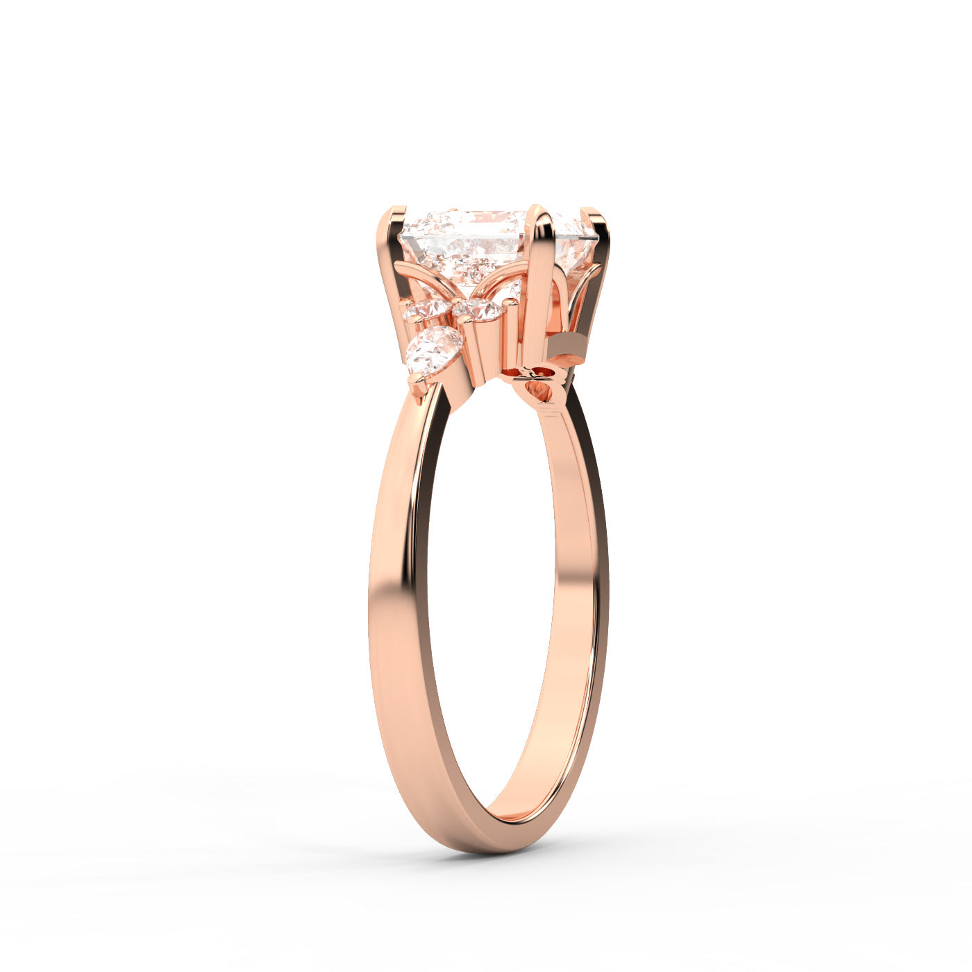 Asscher Cut Lab Grown Diamond Amelia Three Stone Engagement Ring in Rose Gold