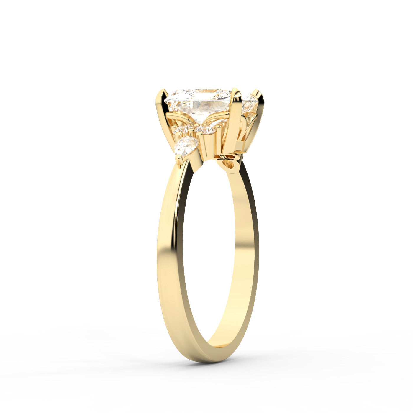 Radiant Cut Lab Grown Diamond Three Stone Engagement Ring in Yellow Gold
