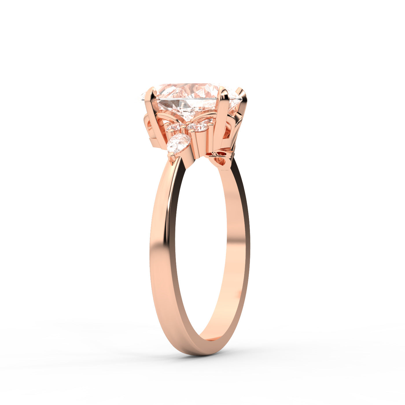 Pear Cut Lab Grown Diamond Three Stone Engagement Ring in Rose Gold
