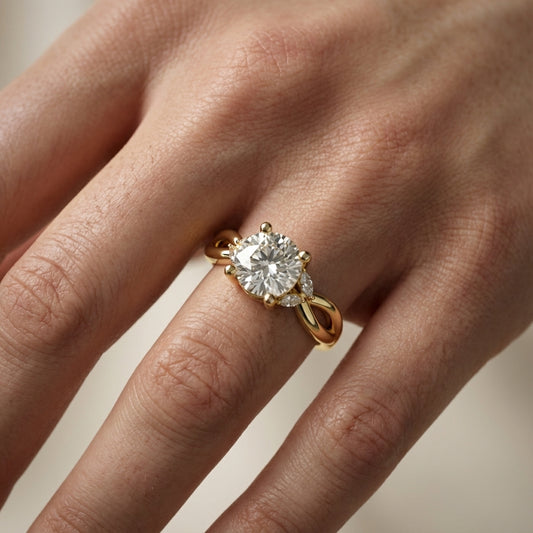 Round Cut Lab Grown Diamond Twisted Engagement Ring in Yellow Gold