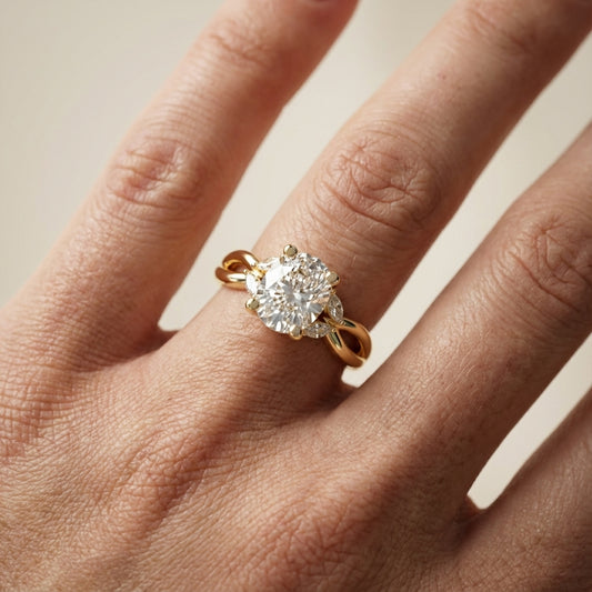 Cushion Cut Lab Grown Diamond Engagement Ring with Marquise Side Stones in Yellow Gold