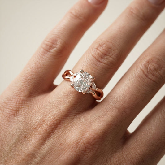 Cushion Cut Lab Grown Diamond Engagement Ring with Marquise Side Stones in Rose Gold