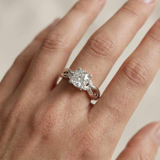 Cushion Cut Lab Grown Diamond Engagement Ring with Marquise Side Stones in Silver