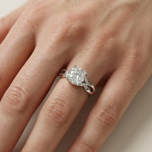 Round Cut Lab Grown Diamond Twisted Engagement Ring in Silver