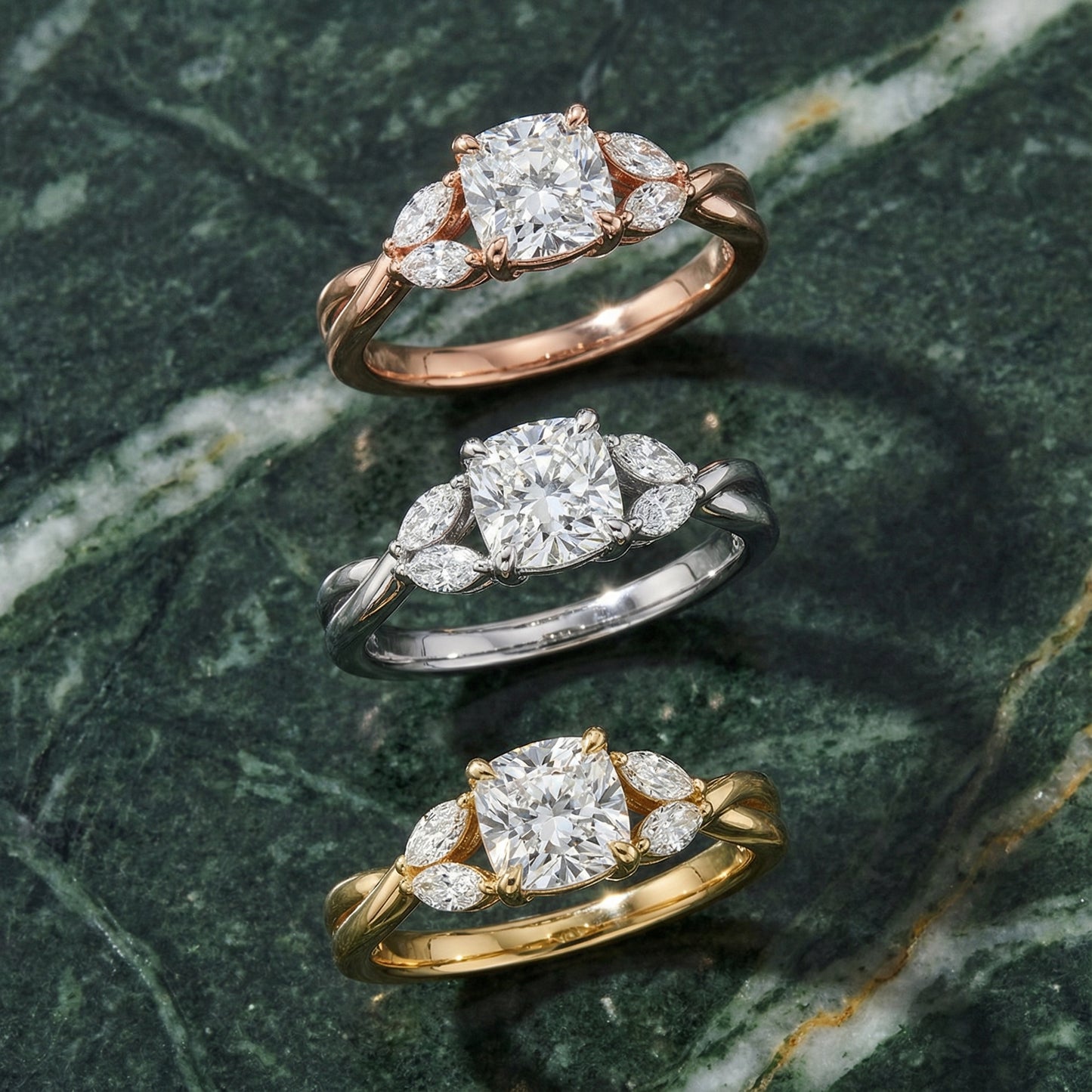 Cushion Cut Lab Grown Diamond Engagement Ring with Marquise Side Stones in Yellow Gold