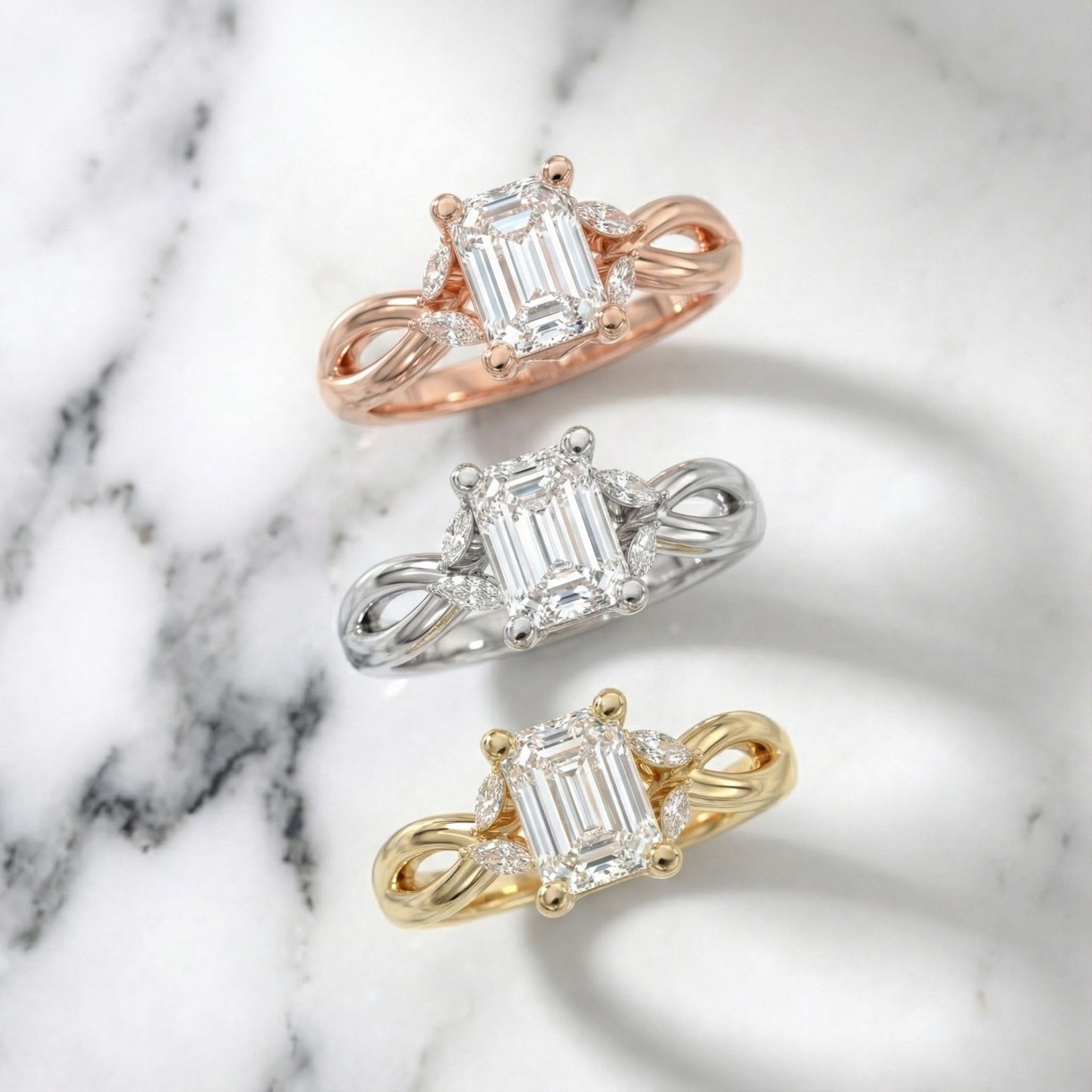 Emerald Cut Lab Grown Diamond Twisted Engagement Ring in Silver with Marquise Side Stones
