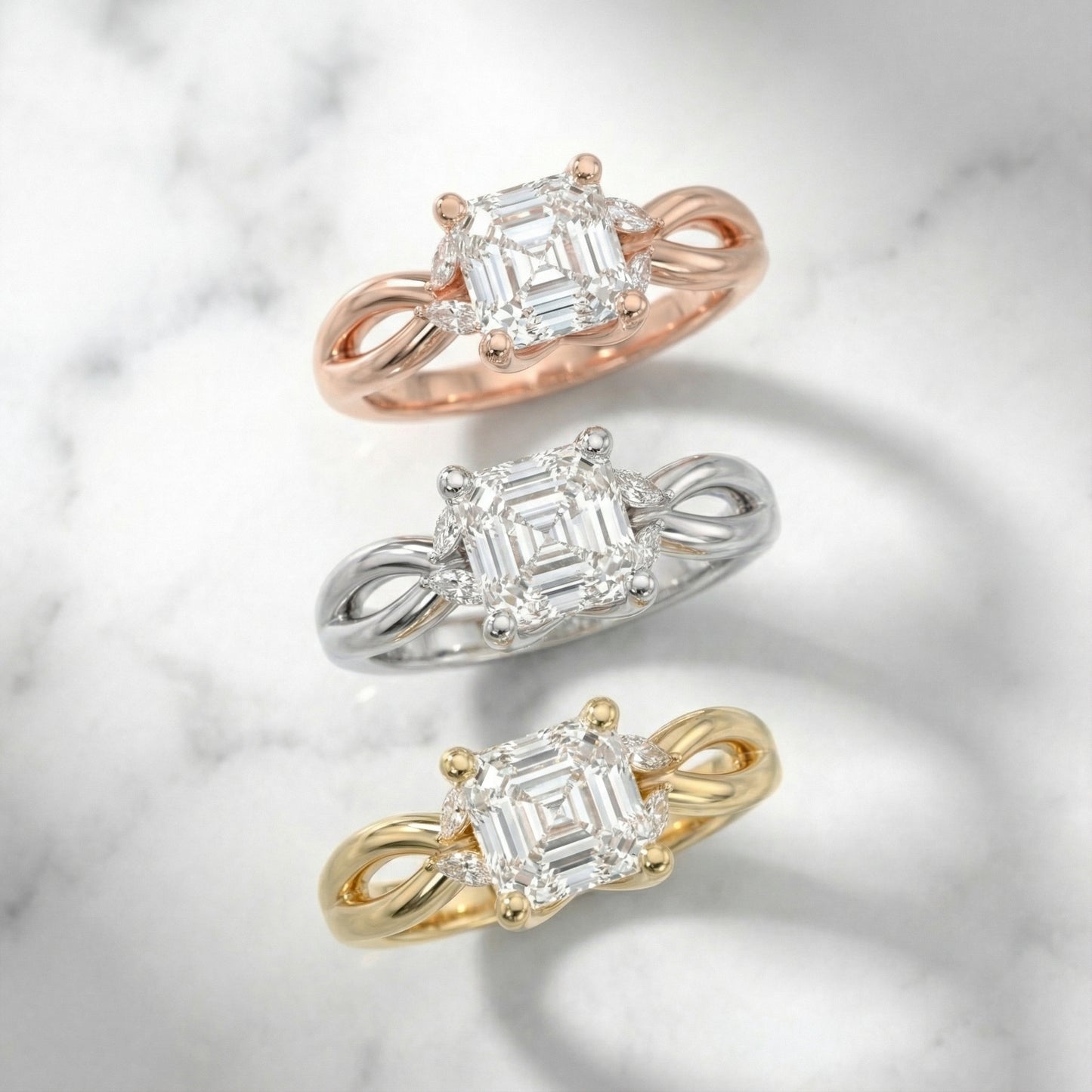 Asscher Cut Lab Grown Diamond Twisted Engagement Ring in Yellow Gold